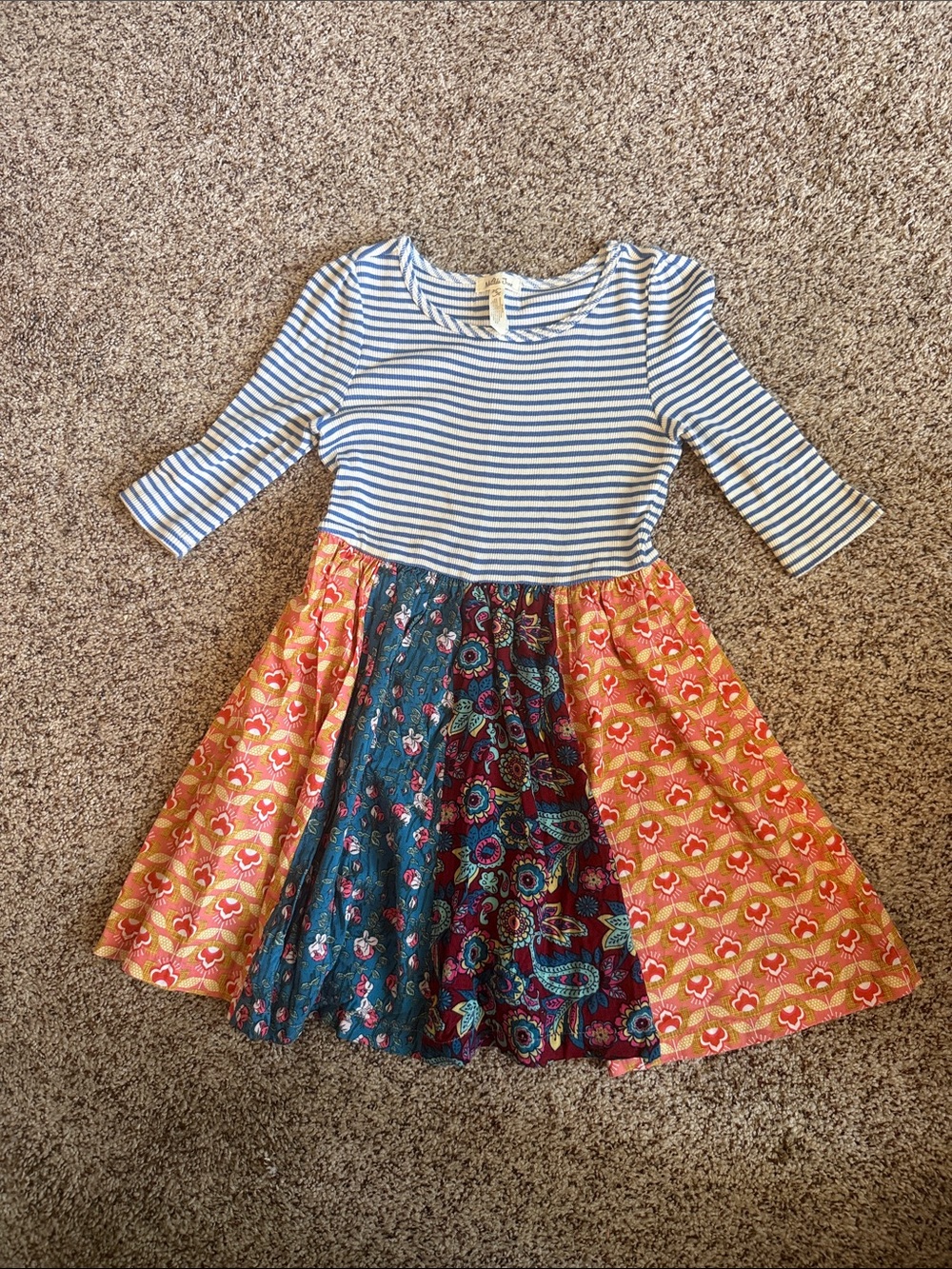 Matilda Jane Mixed-Print Striped Bodice Dress in Blue and Multi. Sz 6